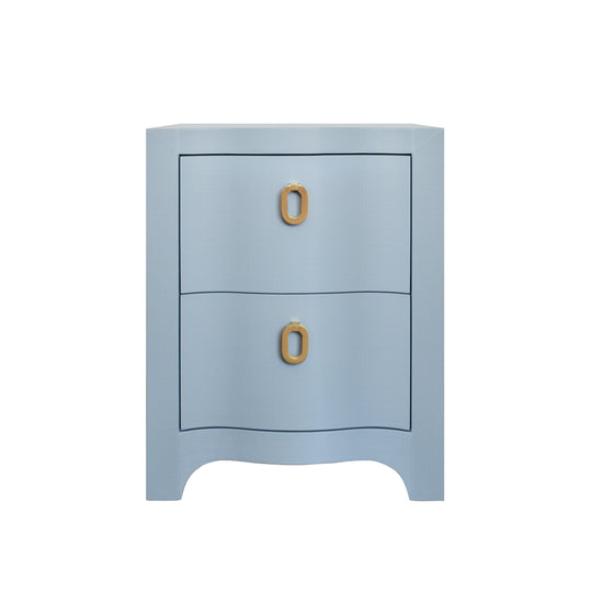 Curved Front Side Table With Two Drawers In Light Blue Textured Linen With Satin Brass Ring Hardware - HELENA LB