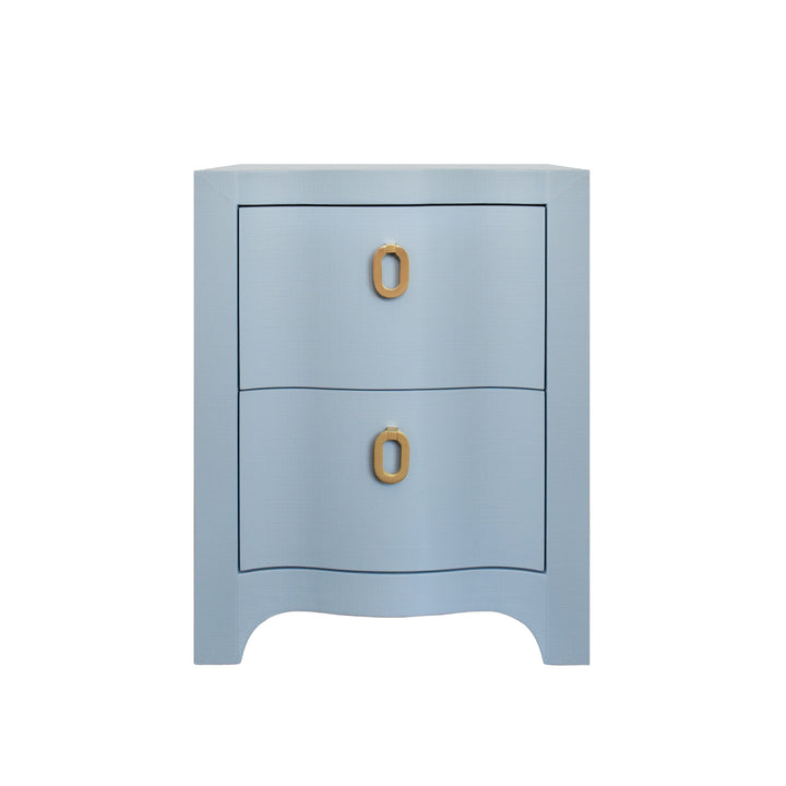 Curved Front Side Table With Two Drawers In Light Blue Textured Linen With Satin Brass Ring Hardware - HELENA LB