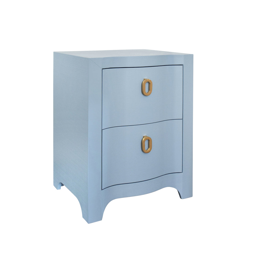 Curved Front Side Table With Two Drawers In Light Blue Textured Linen With Satin Brass Ring Hardware - HELENA LB