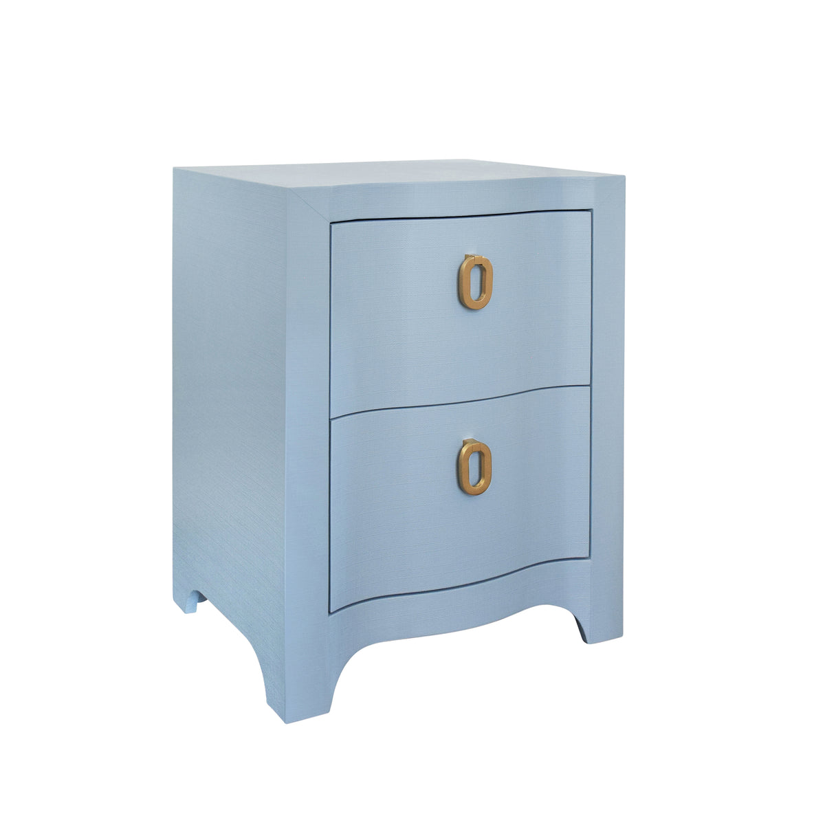 Curved Front Side Table With Two Drawers In Light Blue Textured Linen With Satin Brass Ring Hardware - HELENA LB