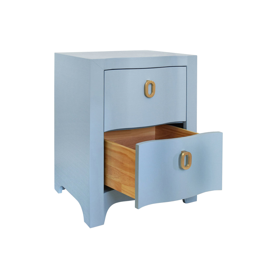 Curved Front Side Table With Two Drawers In Light Blue Textured Linen With Satin Brass Ring Hardware - HELENA LB