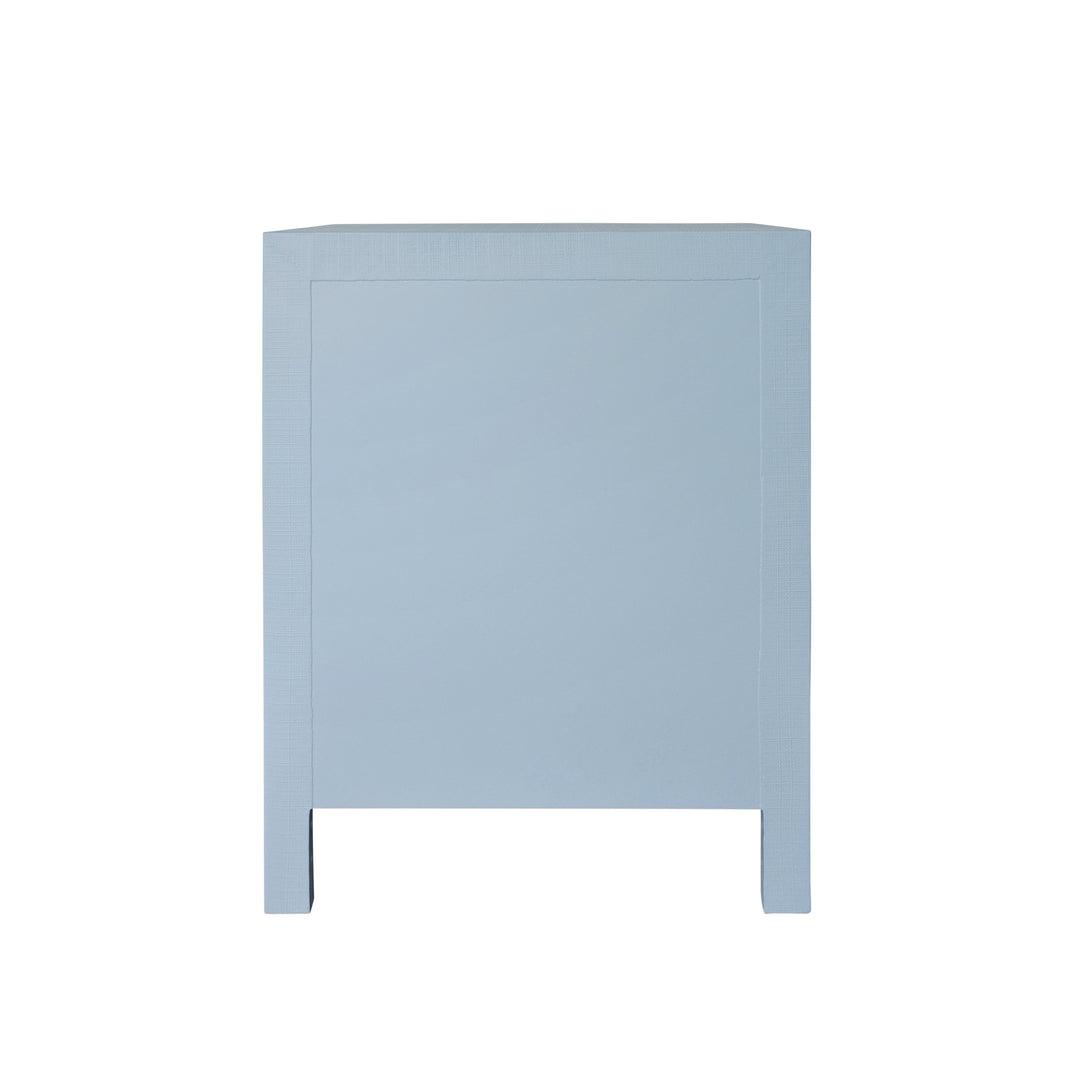 Curved Front Side Table With Two Drawers In Light Blue Textured Linen With Satin Brass Ring Hardware - HELENA LB
