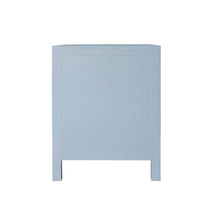 Curved Front Side Table With Two Drawers In Light Blue Textured Linen With Satin Brass Ring Hardware - HELENA LB