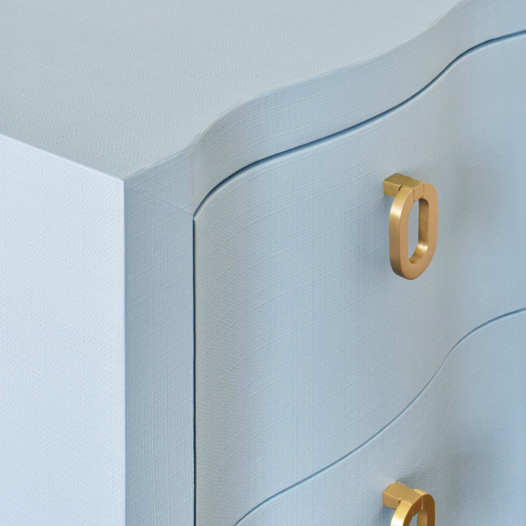 Curved Front Side Table With Two Drawers In Light Blue Textured Linen With Satin Brass Ring Hardware - HELENA LB