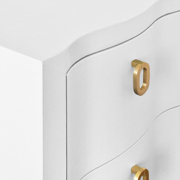 Curved Front Side Table With Two Drawers In White Textured Linen With Satin Brass Ring Hardware - HELENA WH