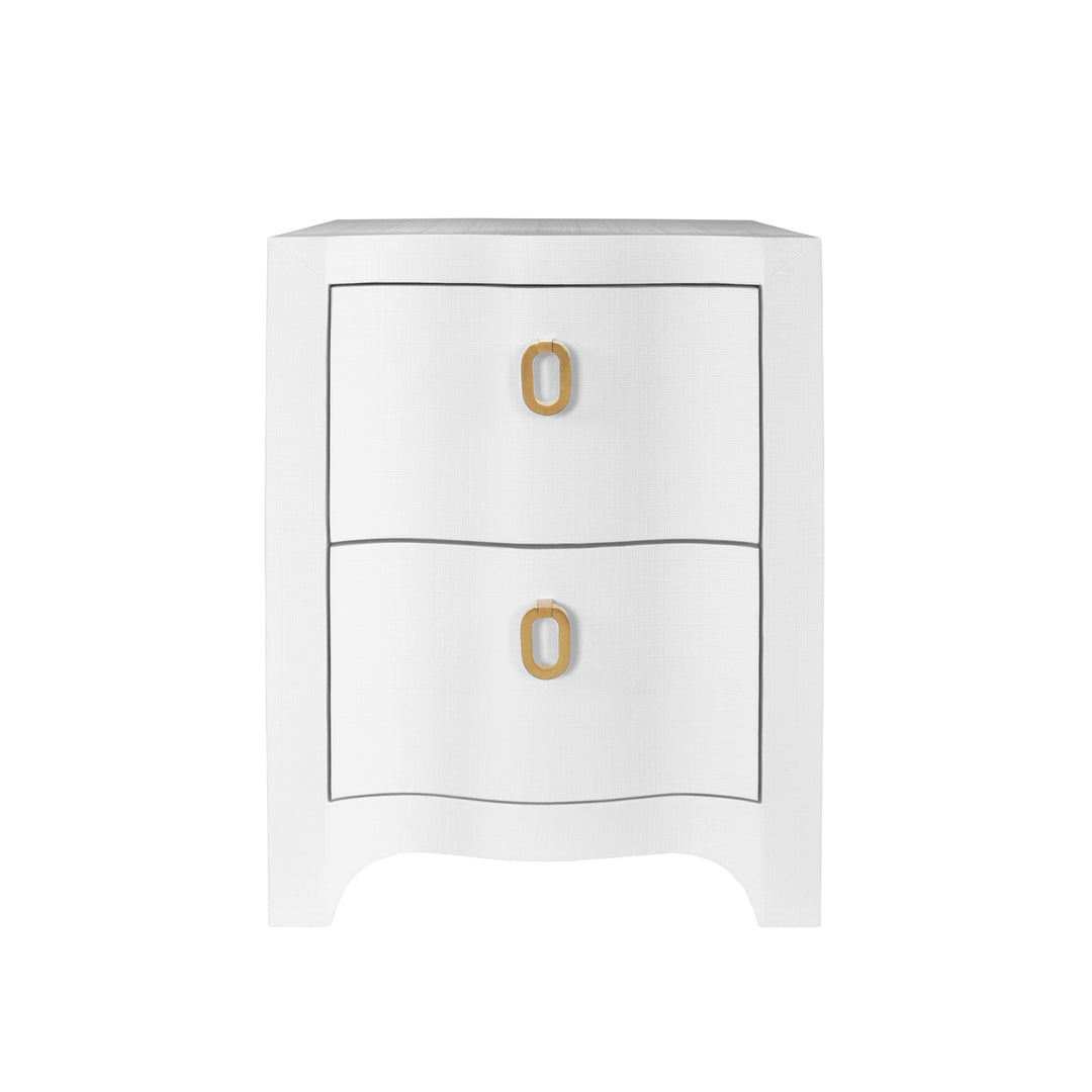 Curved Front Side Table With Two Drawers In White Textured Linen With Satin Brass Ring Hardware - HELENA WH