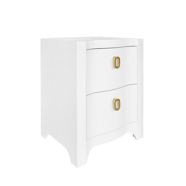 Curved Front Side Table With Two Drawers In White Textured Linen With Satin Brass Ring Hardware - HELENA WH