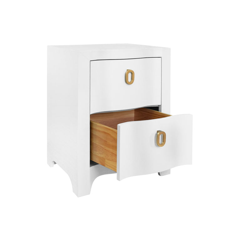 Curved Front Side Table With Two Drawers In White Textured Linen With Satin Brass Ring Hardware - HELENA WH