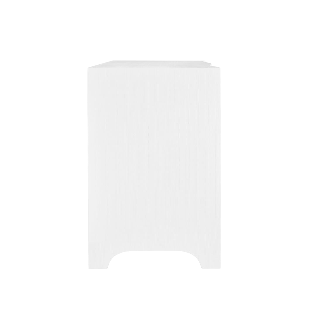 Curved Front Side Table With Two Drawers In White Textured Linen With Satin Brass Ring Hardware - HELENA WH