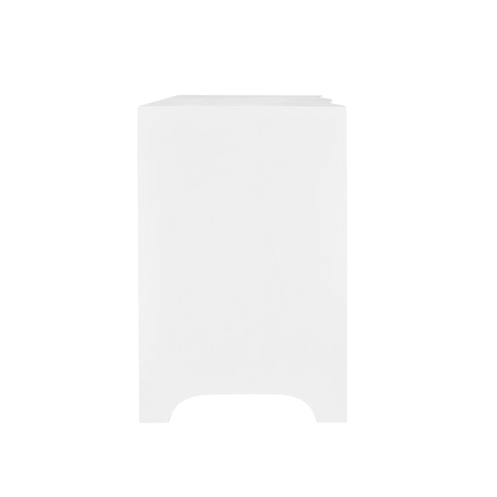 Curved Front Side Table With Two Drawers In White Textured Linen With Satin Brass Ring Hardware - HELENA WH