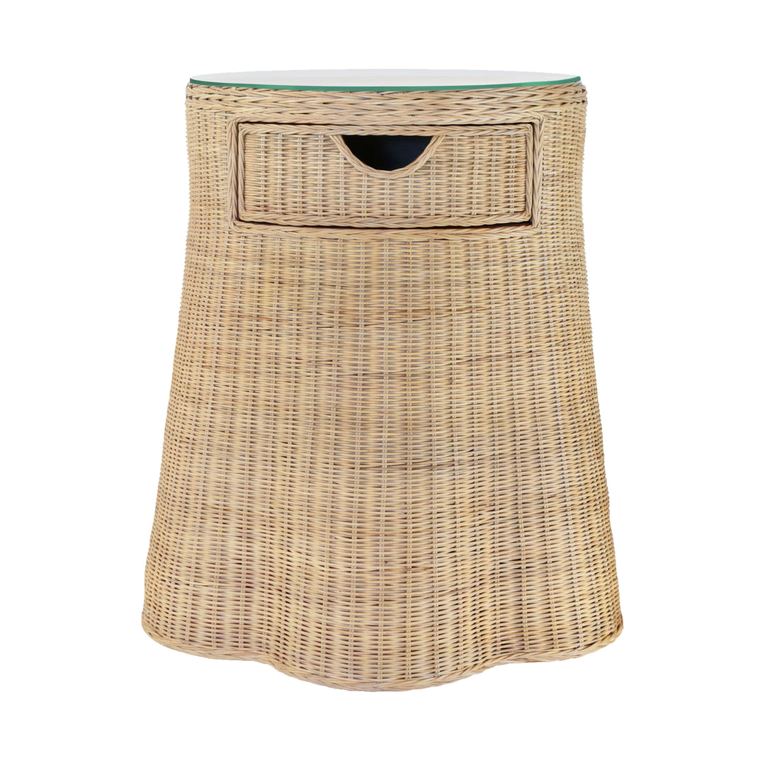 One Drawer Round Side Table With Flared Scalloped Base In Rattan With Glass Top - INGRID