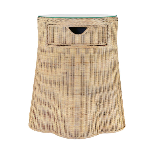 One Drawer Round Side Table With Flared Scalloped Base In Rattan With Glass Top - INGRID
