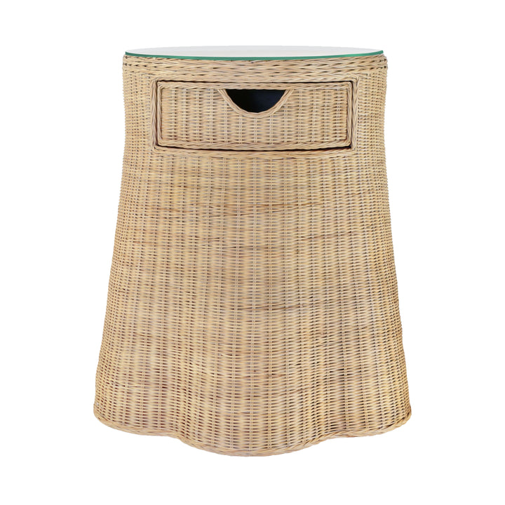 One Drawer Round Side Table With Flared Scalloped Base In Rattan With Glass Top - INGRID