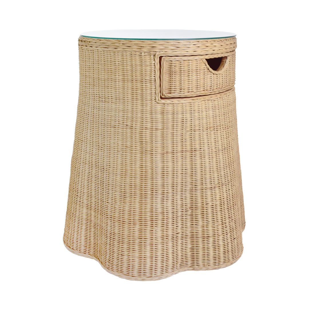 One Drawer Round Side Table With Flared Scalloped Base In Rattan With Glass Top - INGRID