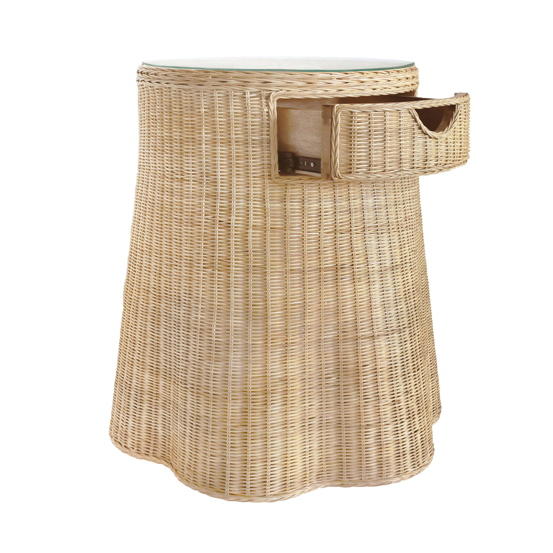 One Drawer Round Side Table With Flared Scalloped Base In Rattan With Glass Top - INGRID