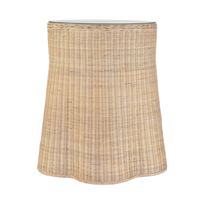 One Drawer Round Side Table With Flared Scalloped Base In Rattan With Glass Top - INGRID