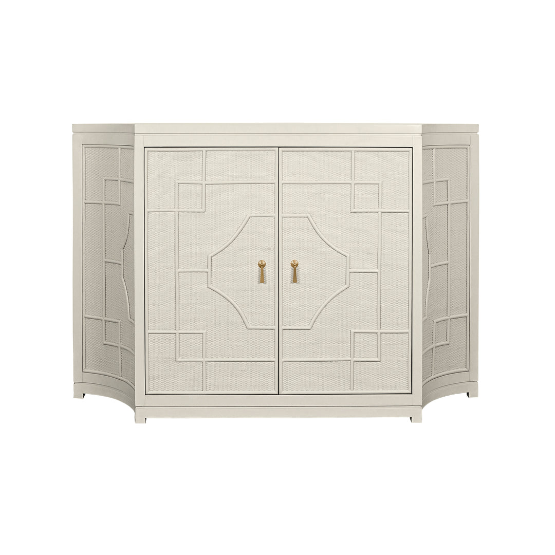 Two Door Decorative Rattan Overlay Cabinet With Curved Ends Painted In Antique White - ISABEL AW
