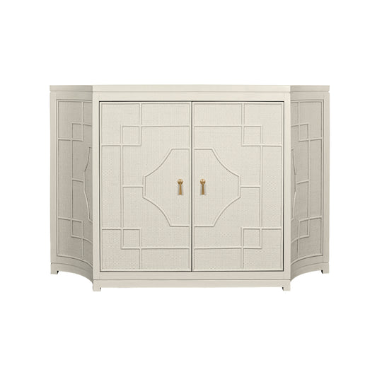 Two Door Decorative Rattan Overlay Cabinet With Curved Ends Painted In Antique White - ISABEL AW