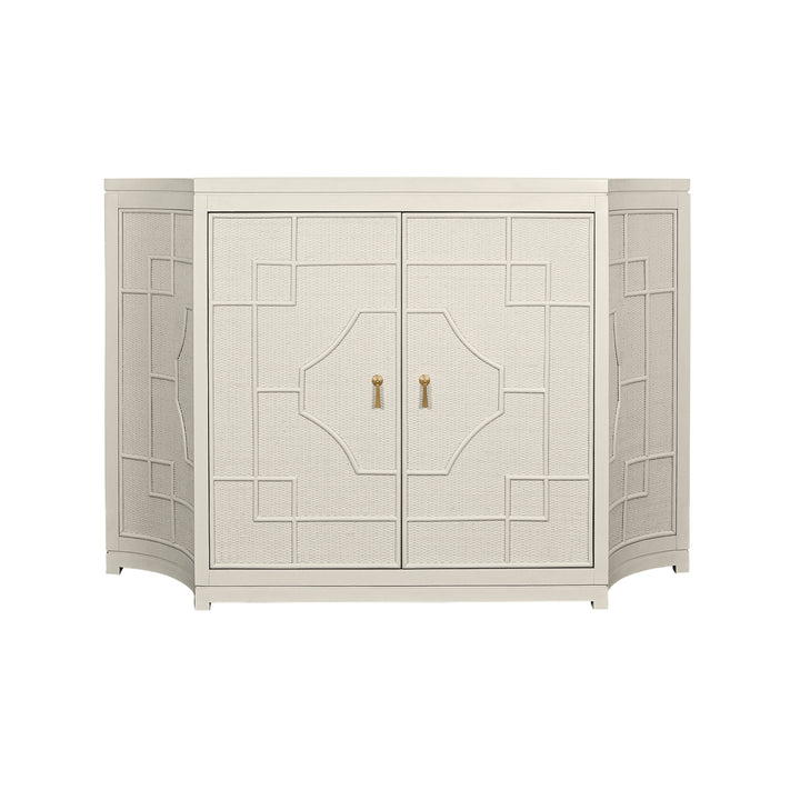 Two Door Decorative Rattan Overlay Cabinet With Curved Ends Painted In Antique White - ISABEL AW