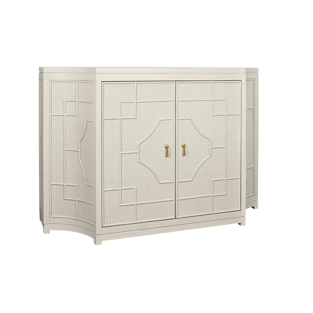 Two Door Decorative Rattan Overlay Cabinet With Curved Ends Painted In Antique White - ISABEL AW