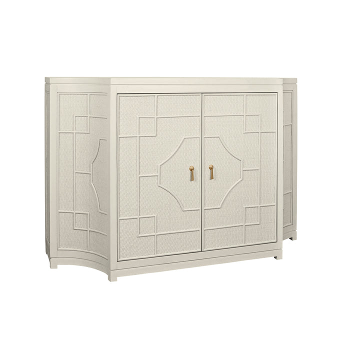 Two Door Decorative Rattan Overlay Cabinet With Curved Ends Painted In Antique White - ISABEL AW