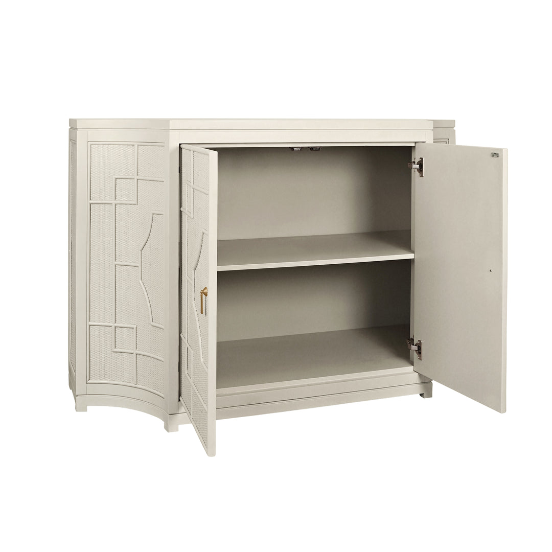 Two Door Decorative Rattan Overlay Cabinet With Curved Ends Painted In Antique White - ISABEL AW