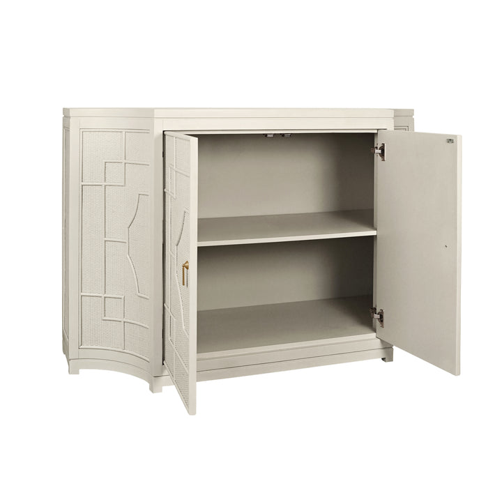 Two Door Decorative Rattan Overlay Cabinet With Curved Ends Painted In Antique White - ISABEL AW