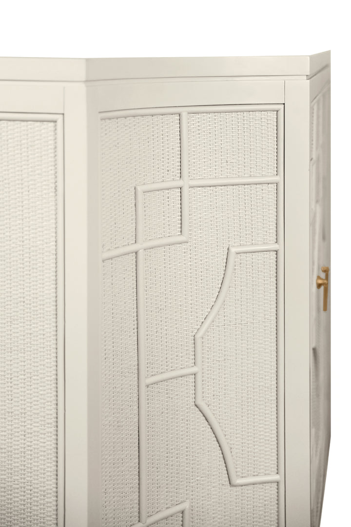 Two Door Decorative Rattan Overlay Cabinet With Curved Ends Painted In Antique White - ISABEL AW
