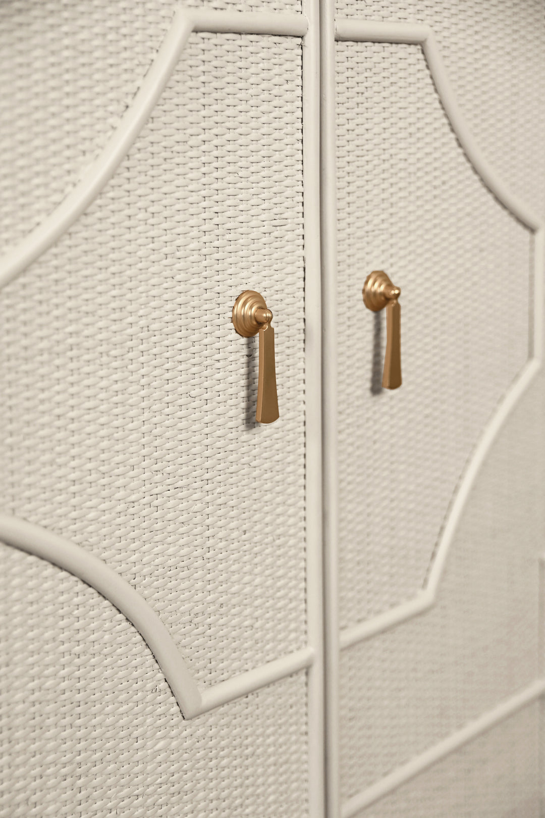 Two Door Decorative Rattan Overlay Cabinet With Curved Ends Painted In Antique White - ISABEL AW