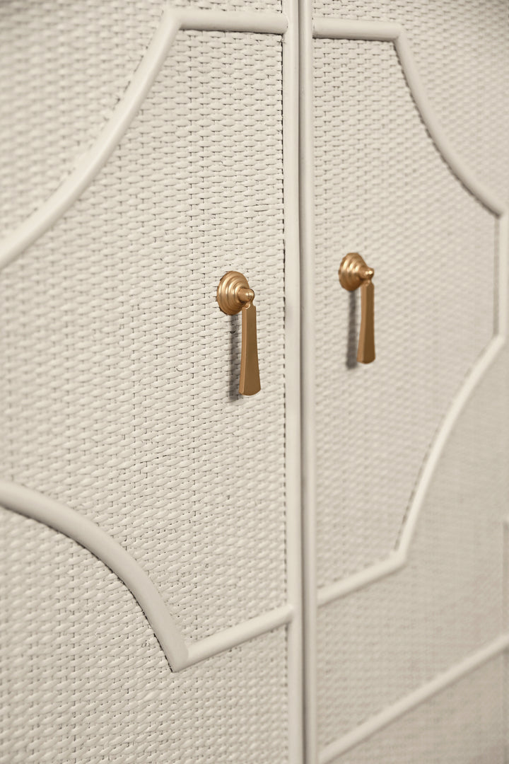 Two Door Decorative Rattan Overlay Cabinet With Curved Ends Painted In Antique White - ISABEL AW