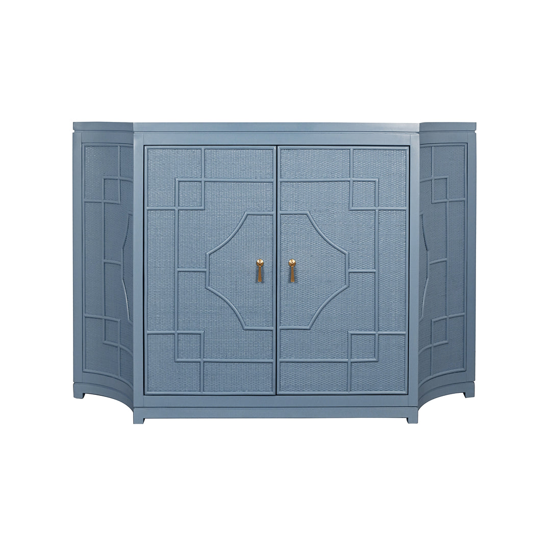 Two Door Decorative Rattan Overlay Cabinet With Curved Ends Painted In Capri Blue - ISABEL CB