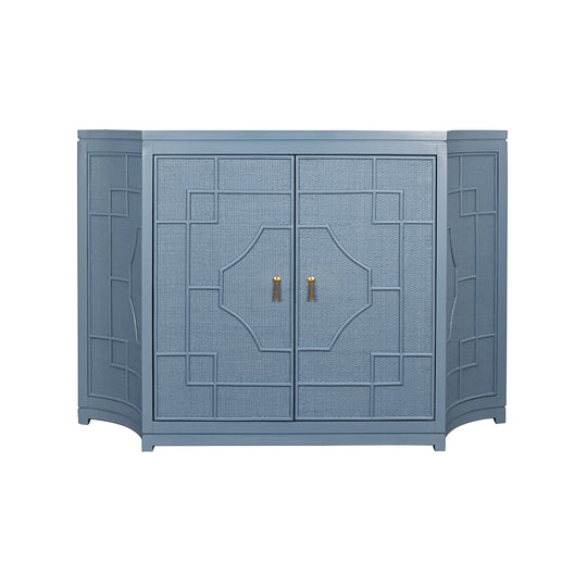 Two Door Decorative Rattan Overlay Cabinet With Curved Ends Painted In Capri Blue - ISABEL CB