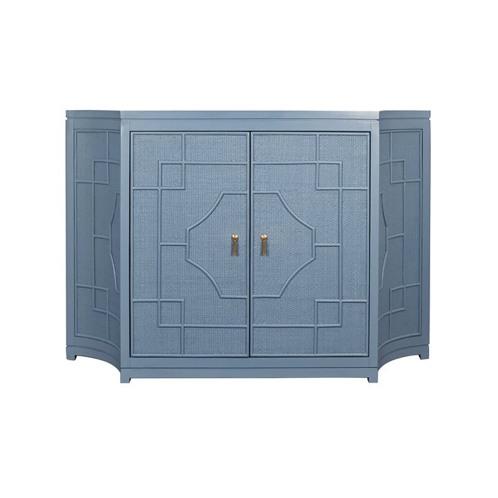 Two Door Decorative Rattan Overlay Cabinet With Curved Ends Painted In Capri Blue - ISABEL CB