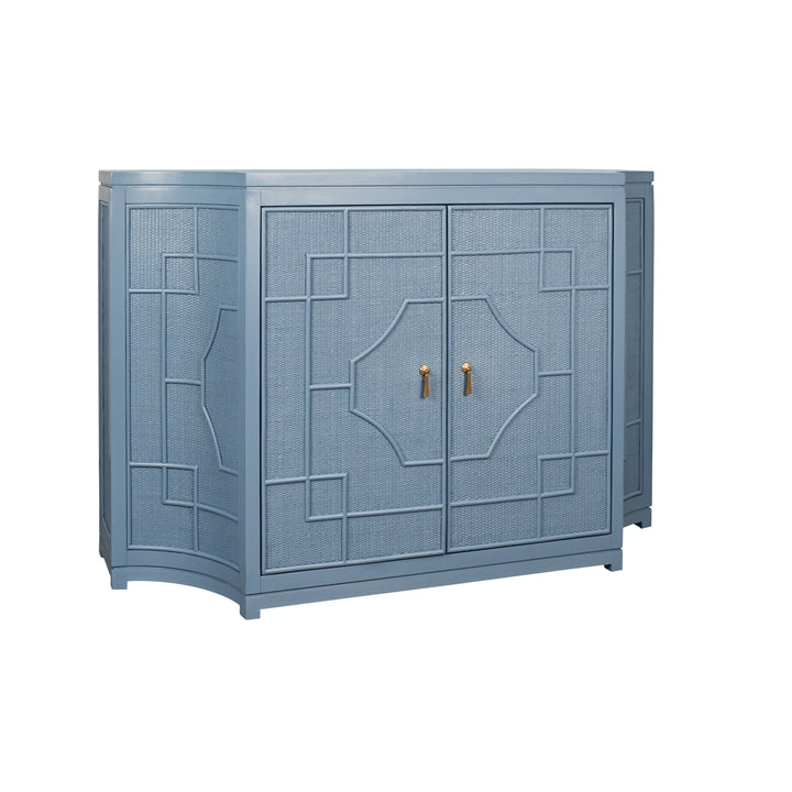 Two Door Decorative Rattan Overlay Cabinet With Curved Ends Painted In Capri Blue - ISABEL CB