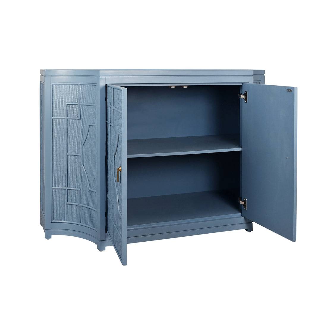 Two Door Decorative Rattan Overlay Cabinet With Curved Ends Painted In Capri Blue - ISABEL CB