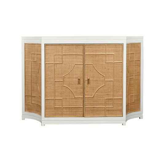 Two Door Decorative Rattan Overlay Cabinet With Curved Ends And Painted Matte White Case - ISABEL WH