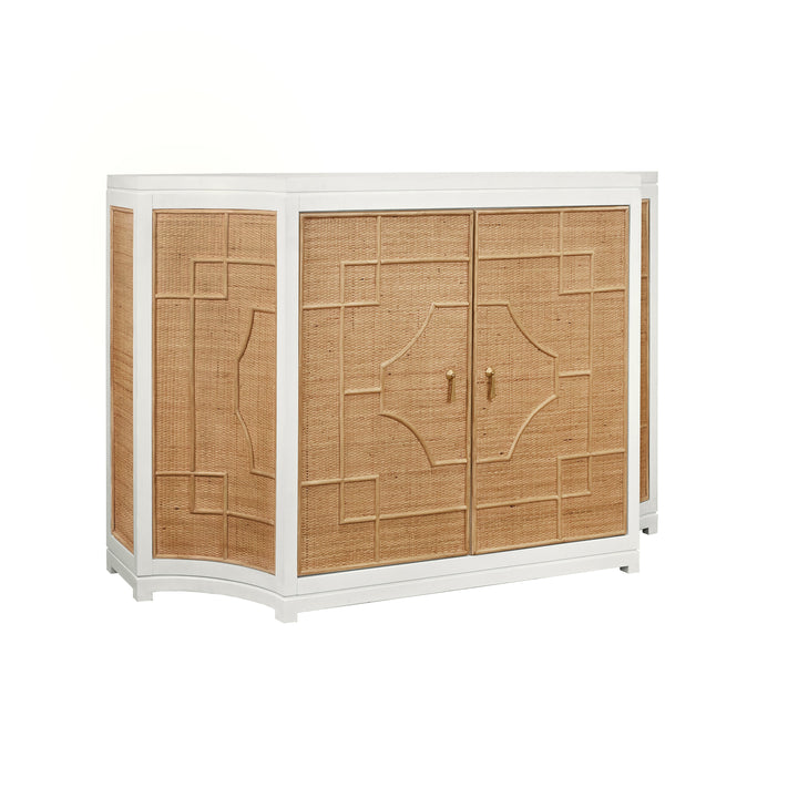 Two Door Decorative Rattan Overlay Cabinet With Curved Ends And Painted Matte White Case - ISABEL WH