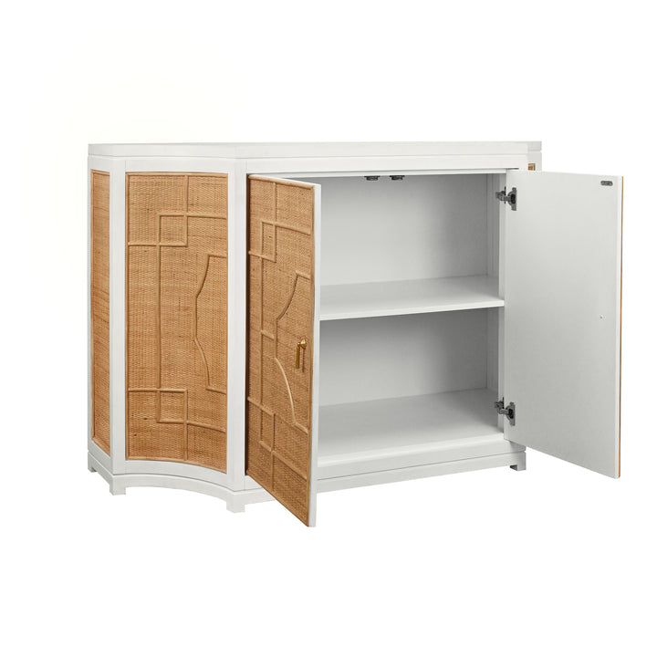 Two Door Decorative Rattan Overlay Cabinet With Curved Ends And Painted Matte White Case - ISABEL WH