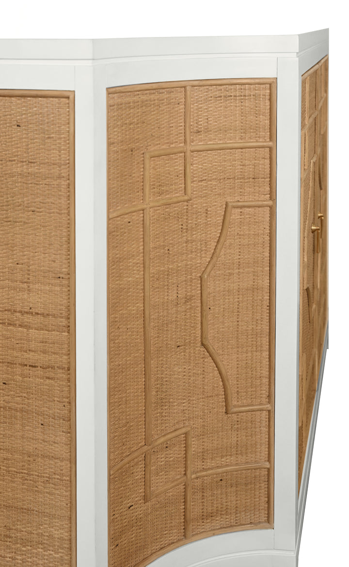 Two Door Decorative Rattan Overlay Cabinet With Curved Ends And Painted Matte White Case - ISABEL WH