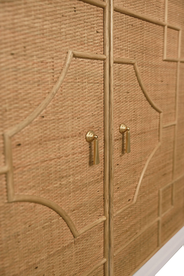 Two Door Decorative Rattan Overlay Cabinet With Curved Ends And Painted Matte White Case - ISABEL WH