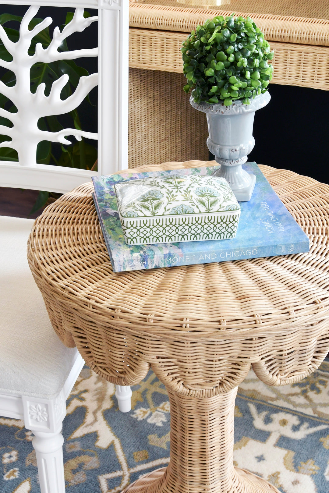 One Drawer Round Side Table With Flared Scalloped Base In Rattan With Glass Top - INGRID