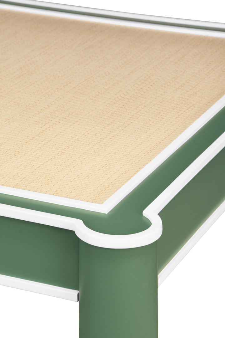 Square Two Drawer Round Leg Game Table In Matte Green Lacquer With Matte White Lacquer Edging - JACKIE GR