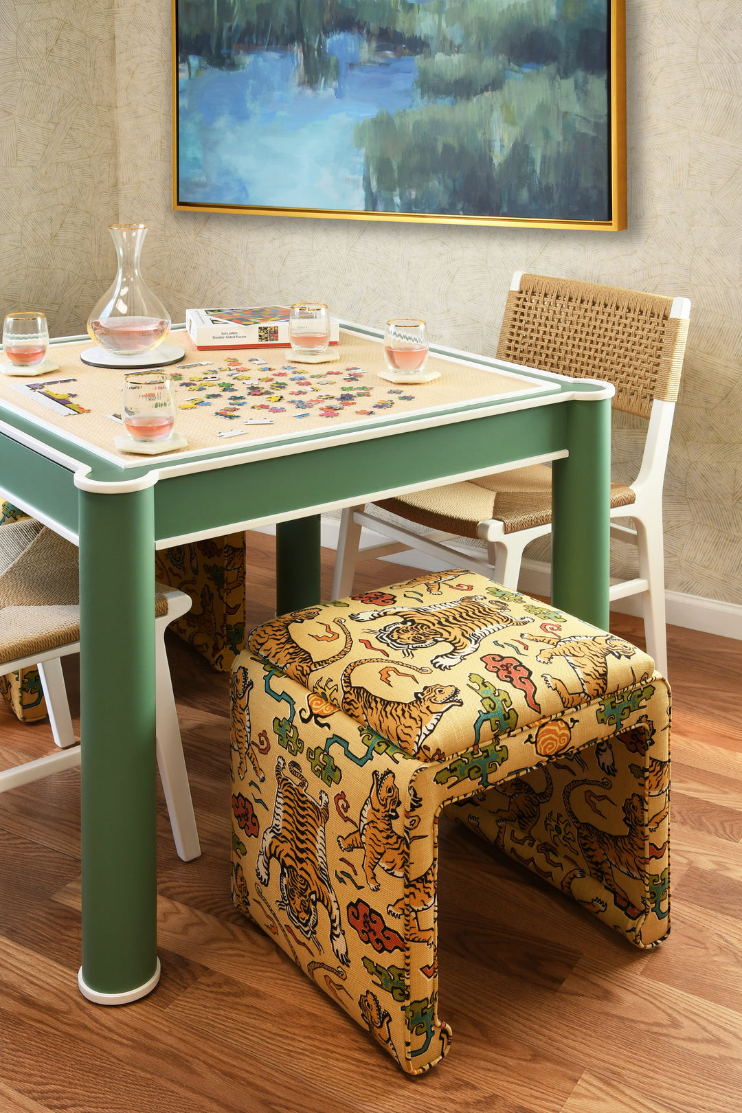 Square Two Drawer Round Leg Game Table In Matte Green Lacquer With Matte White Lacquer Edging - JACKIE GR