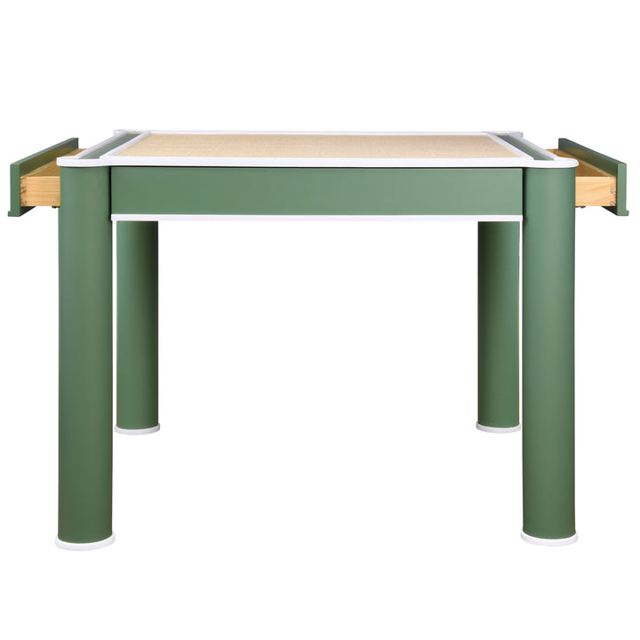 Square Two Drawer Round Leg Game Table In Matte Green Lacquer With Matte White Lacquer Edging - JACKIE GR