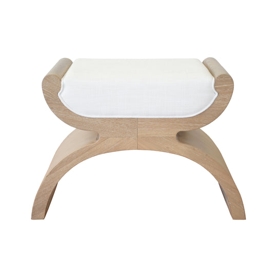 Curved Base Stool With White Linen Cushion In Cerused Oak - JANNA CO