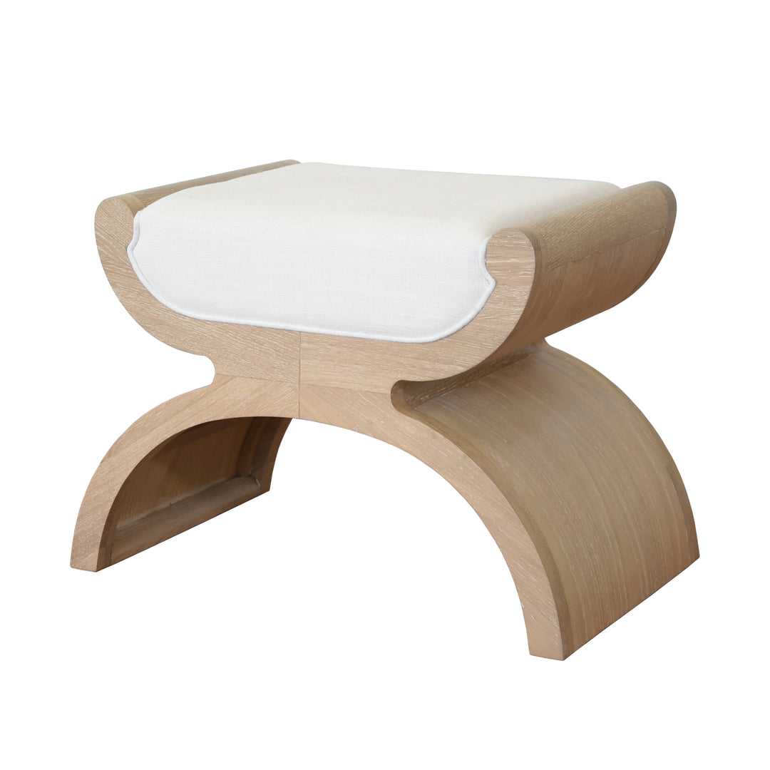 Curved Base Stool With White Linen Cushion In Cerused Oak - JANNA CO