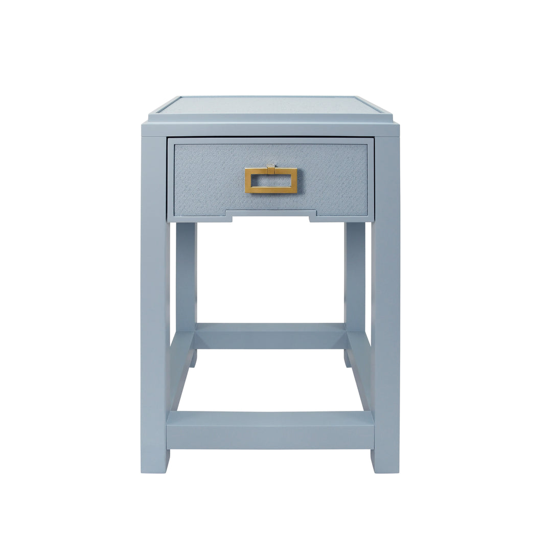 One Drawer Side Table With Matte Light Blue Frame And Light Blue Grasscloth Drawer Fronts - JEAN LB