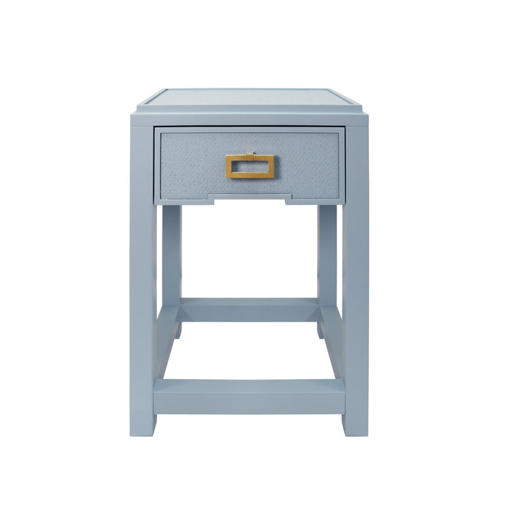 One Drawer Side Table With Matte Light Blue Frame And Light Blue Grasscloth Drawer Fronts - JEAN LB