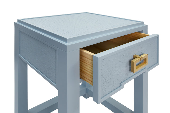 One Drawer Side Table With Matte Light Blue Frame And Light Blue Grasscloth Drawer Fronts - JEAN LB