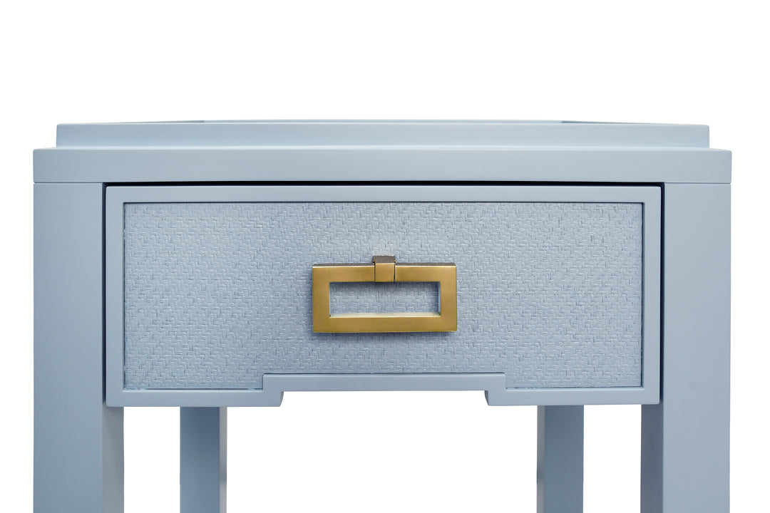 One Drawer Side Table With Matte Light Blue Frame And Light Blue Grasscloth Drawer Fronts - JEAN LB